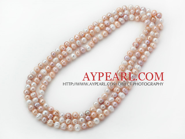 Long Style 8-9mm White and Pink and Violet Round Freshwater Pearl Beaded Knotted Necklace