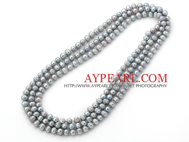 Long Style 8-9mm Gray Round Freshwater Pearl Beaded Knotted Necklace