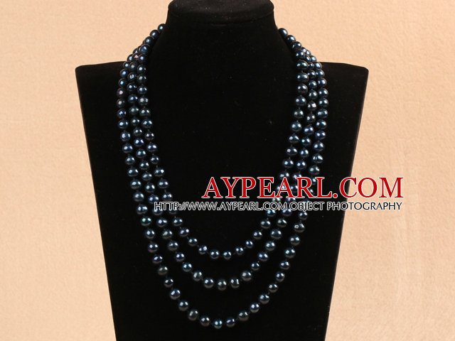 Longue style 8-9mm rond noir perle d'eau douce collier perlé noué