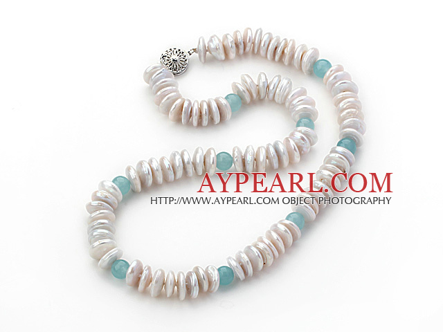 Single Strand Vit Coin Pearl Necklace och blå jade halsband