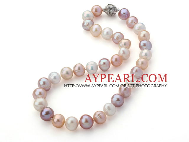 12-14mm Natural White and Pink and Violet Freshwater Pearl Knotted Necklace with Magnetic Clasp
