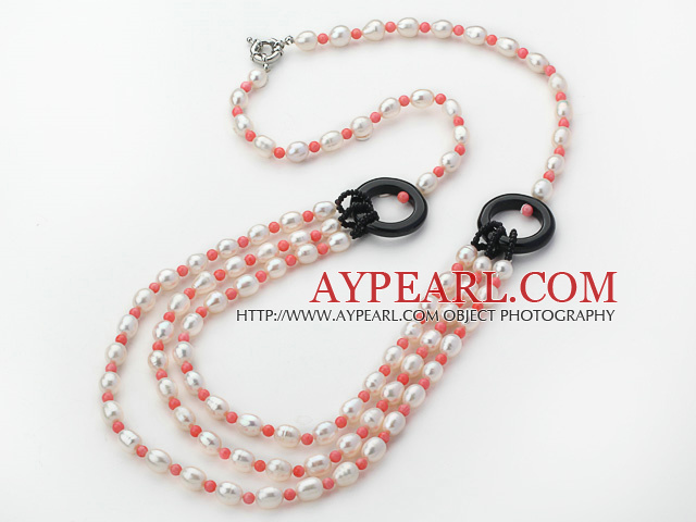 Three Layer White Freshwater Pearl and Pink Coral and Black Agate Donut Necklace