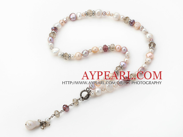 Hvit og rosa og fiolett Freshwater Pearl Crystal Y Shape halskjede