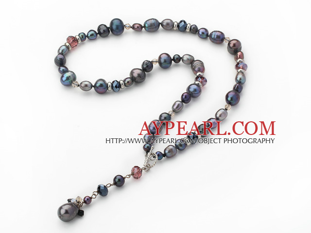 Fashion Style Black Freshwater Pearl Crystal Y Shape Necklace