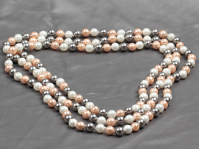 Long Style 8mm White Pink and Gray Color Round Sea Shell Beaded Necklace