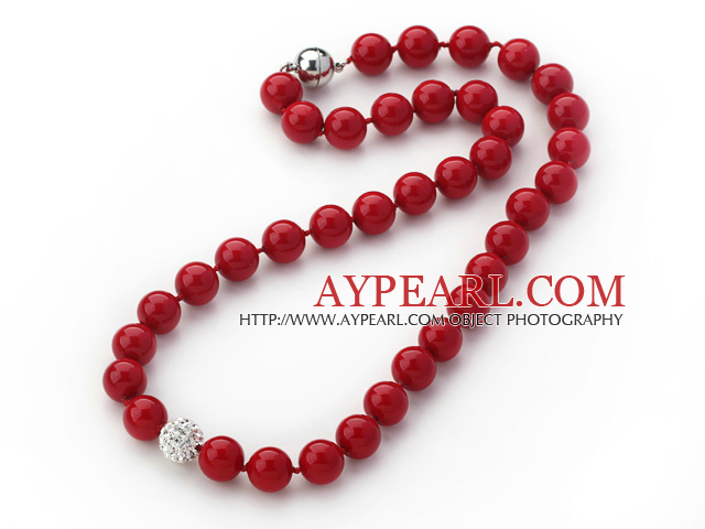 2013 Summer New Design Red Color Round 10mm Seashell Beaded Knotted Necklace with White Rhinestone Ball