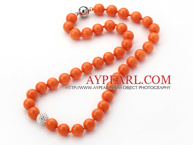 2013 Summer New Design Orange Yellow Color Round 10mm Seashell Beaded Knotted Necklace with White Rhinestone Ball