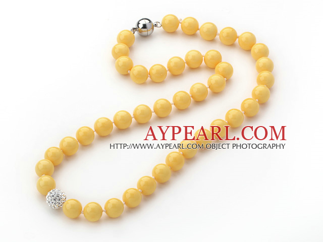 2013 Summer New Design Bright Yellow Color Round 10mm Seashell Beaded Knotted Necklace with White Rhinestone Ball