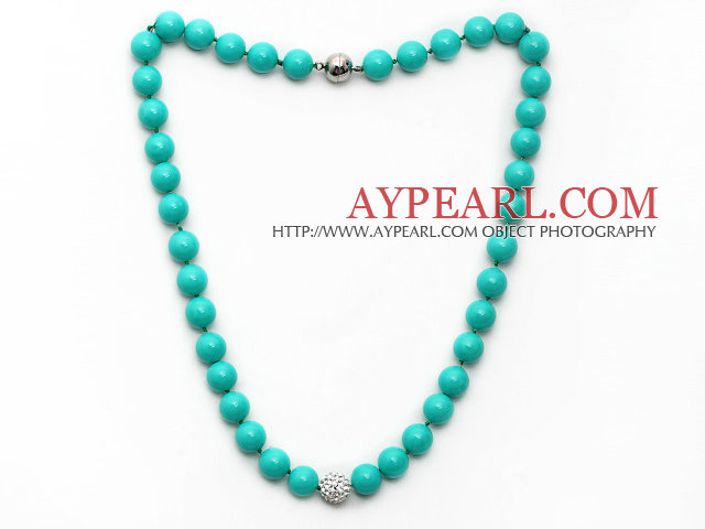 2013 Summer New Design Green Color Round 10mm Seashell Beaded Knotted Necklace with White Rhinestone Ball