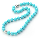 2013 Summer New Design Lake Blue Color Round 10mm Seashell Beaded Knotted Necklace with White Rhinestone Ball