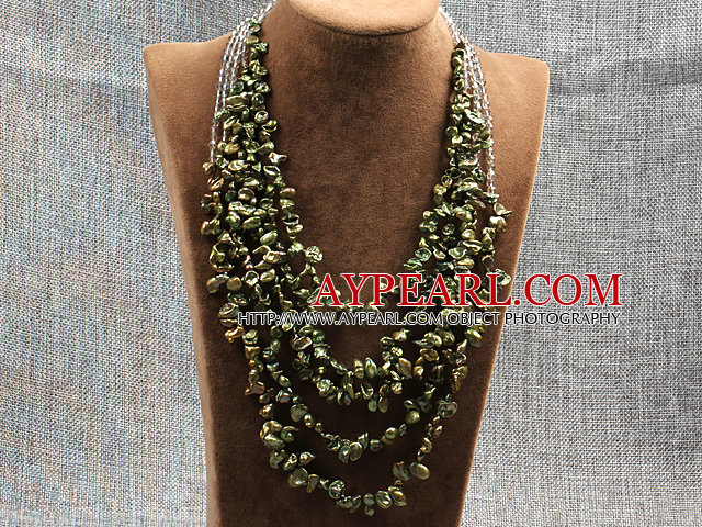 Elegant Five Layer Natural Army Green Rebirth Pearl Crystal Party Necklace