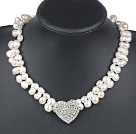 New Design White Irregular Shape Top Drilled Freshwater Pearl Necklace with Heart Shape Rhinestone Accessory