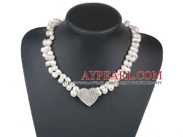 New Design White Irregular Shape Top Drilled Freshwater Pearl Necklace with Heart Shape Rhinestone Accessory
