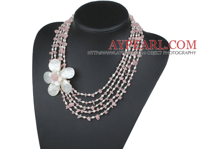 Five Strands Pink Series Rose Quartz Chips and Freshwater Pearl and White Shell Flower Necklace