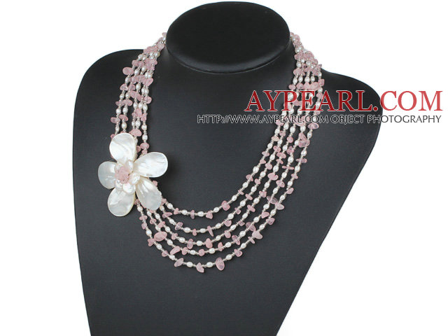 Fem Strands rosa serien Rosenkvarts chips och Sötvatten Pearl och vit Shell Flower halsband