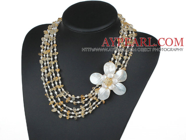 Five Strands Yellow Series Citrine Chips and Freshwater Pearl and White Shell Flower Necklace