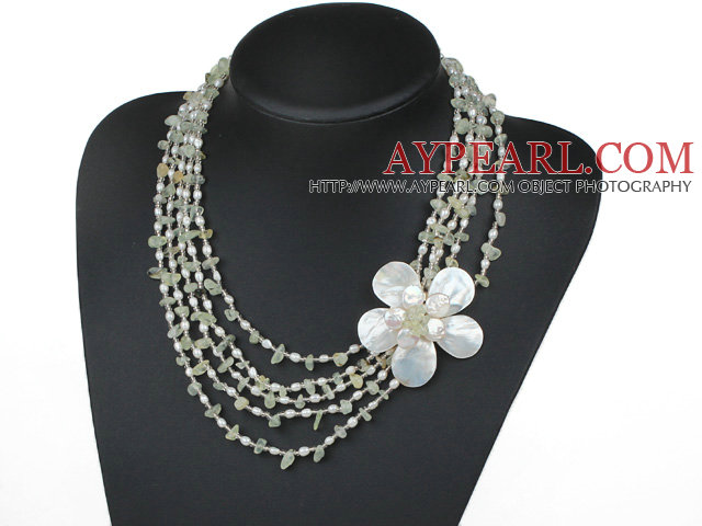Five Strands Light Green Series Prehnite Chips and Freshwater Pearl and White Shell Flower Necklace