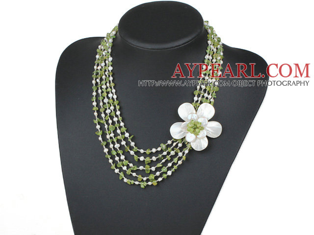 Five Strands Green Series Peridot Chips and Freshwater Pearl and White Shell Flower Necklace
