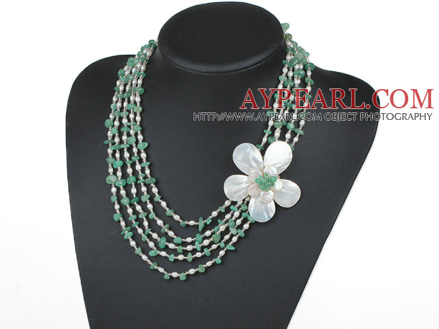 Пять пряди Green Series Авантюрин фишки и пресноводные перлы и Белый Shell цветок ожерелье