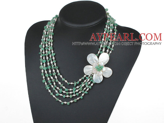 Fem Strands Green Series Aventurin chips och Sötvatten Pearl och vit Shell Flower halsband