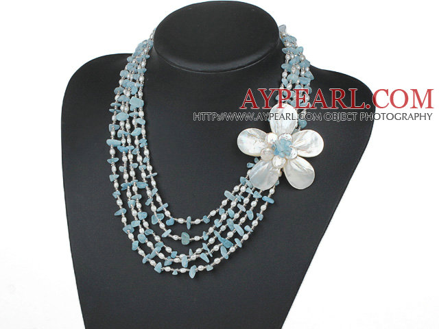 Five Strands Blue Series Kyanite Chips and Freshwater Pearl and White Shell Flower Necklace