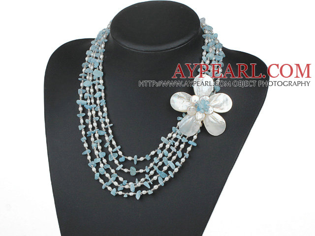 Fem Strands Blue Series Kyanitt Chips og Freshwater Pearl and White Shell Flower halskjede