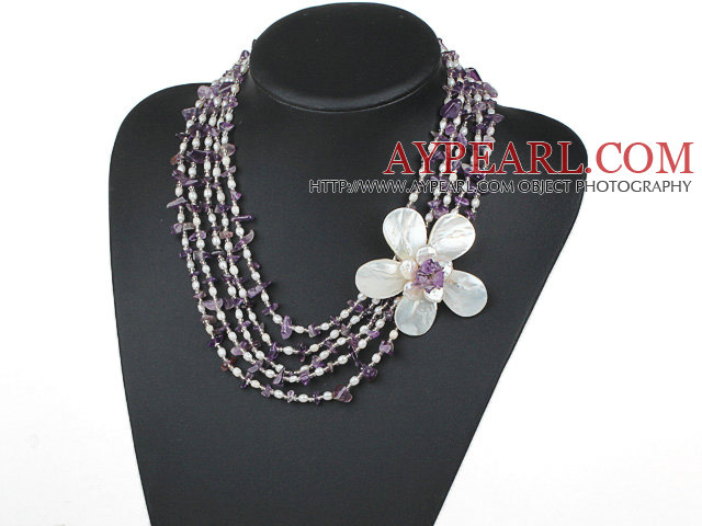 Five Strands Purple Series Amethyst Chips and Freshwater Pearl and White Shell Flower Necklace