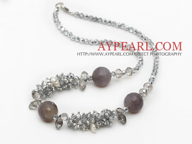 Assorted Gray Series Gray Crystal and Gray Agate Necklace with Lobster Clasp