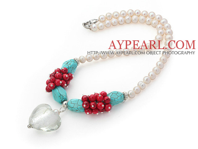 Natural White Freshwater Pearl and Turquoise and Alaqueca Necklace with Heart Shape Colored Glaze Pendant