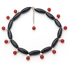Black Barrel Shape Agate Choker Necklace with White Freshwater Pearl and Carnelian