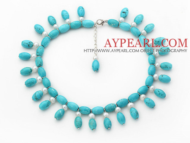 Blue Turquiose Choker Necklace with White Freshwater Pearl and Blue Turquoise Beads