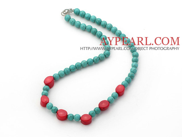 Single Strand Round 8mm Turquoise Beads and Red Coral Necklace
