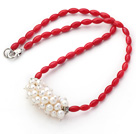 Single Strand Long Oval Shape Red Coral Necklace with White Freshwater Pearl