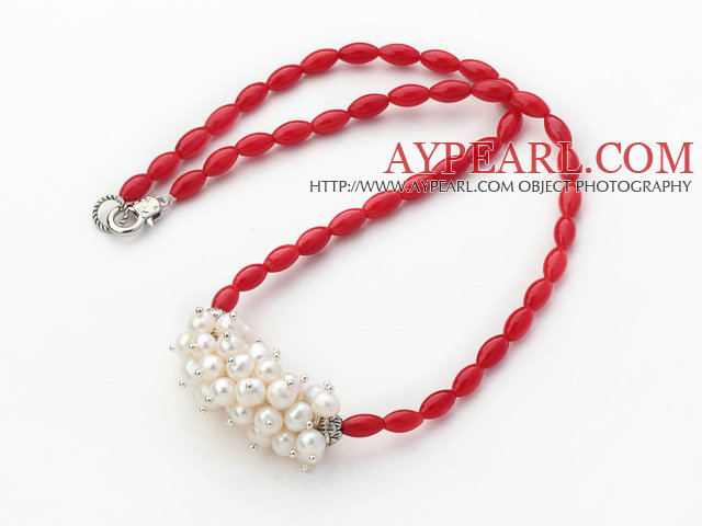 Single Strand Long Oval Shape Red Coral Necklace with White Freshwater Pearl