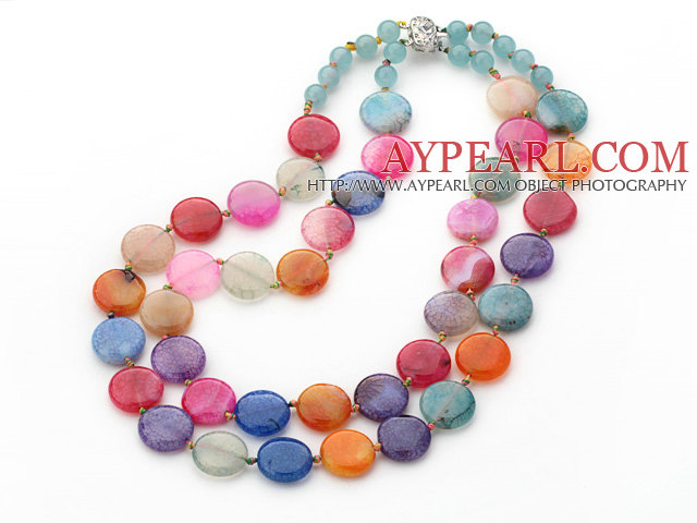 To Strands Assorted Flat Round Multi Color Burst Pattern Agate halskjede