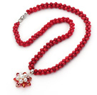 New Design 5mm Red Coral Necklace with Red Crystal and White Pearl Flower Pendant