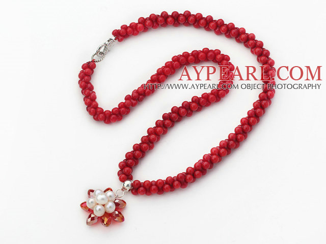 New Design 5mm Red Coral Necklace with Red Crystal and White Pearl Flower Pendant