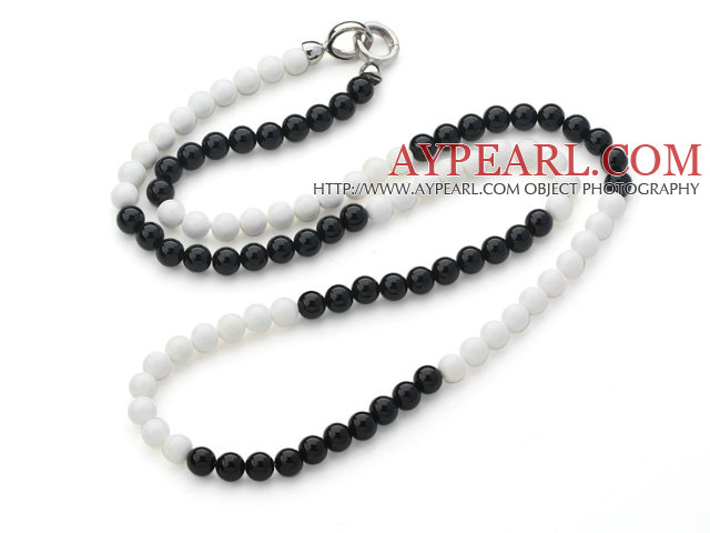 Long Style 8mm Round White Porcelain Stone and Black Agate Beaded Necklace