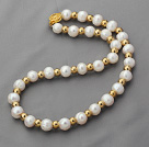 Single Strand 10-11mm Round White Freshwater Pearl and Golden Color Metal Beaded Necklace