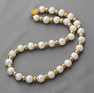 Wholesale Single Strand 10-11mm Round White Freshwater Pearl and Golden Color Metal Beaded Necklace