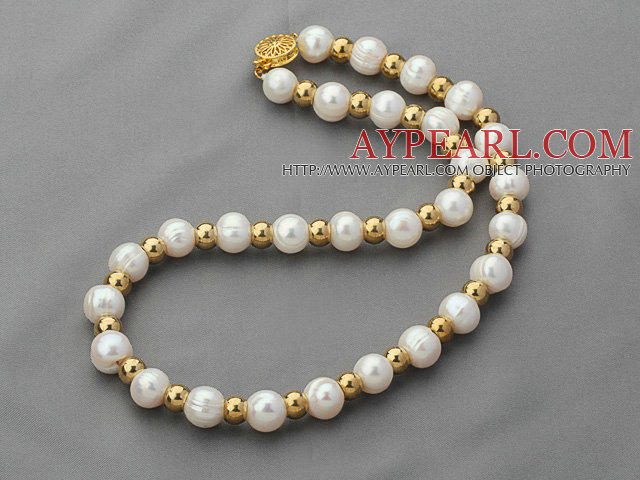 Single Strand 10-11mm Round White Freshwater Pearl and Golden Color Metal Beaded Necklace