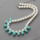 A Grade Round White Freshwater Pearl and Drop Shape Turquoise Necklace