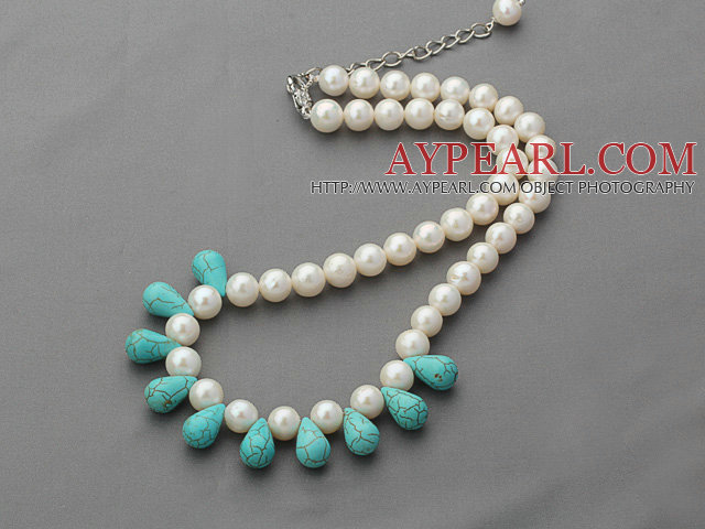 A Grade Round White Freshwater Pearl and Drop Shape Turquoise Necklace