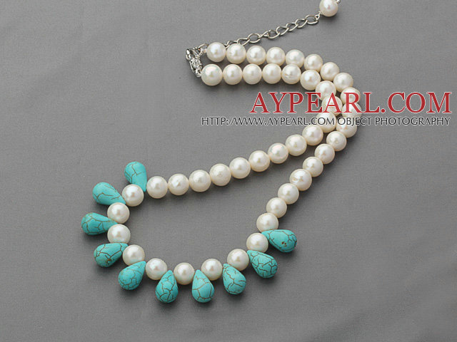 Α Βαθμού Round White Pearl γλυκού νερού και Drop Σχήμα Τυρκουάζ Κολιέ