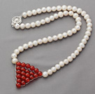 6-7mm Natural White Round Freshwater Pearl Necklace with Wire Wrapped Triangle Shape Carnelian Pendant