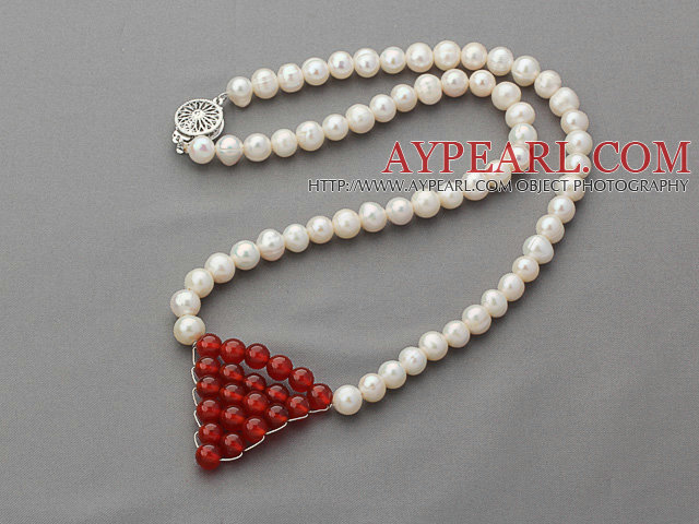 6-7mm Natural White Round Freshwater Pearl Necklace with Wire Wrapped Triangle Shape Carnelian Pendant
