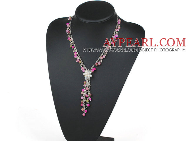 Assorted Pink Series Pink and Multi Color Round Jade Y Shape Necklace with White Freshwater Pearl