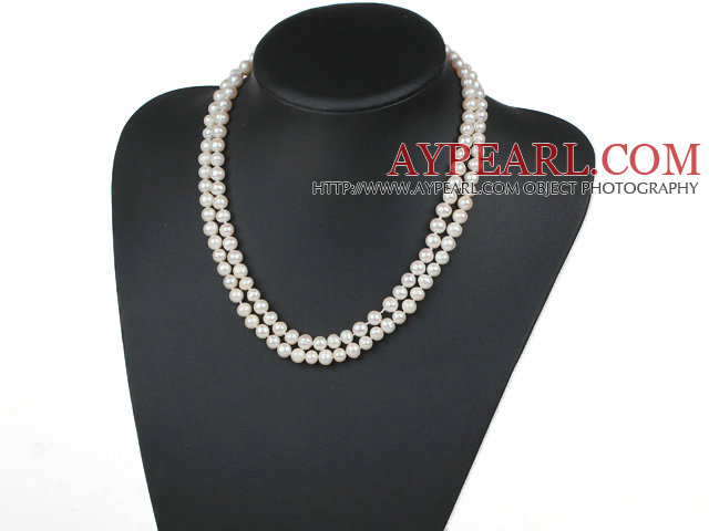 Doppelte Reihen 6-7mm Natural White Round Süßwasser-Zuchtperlen Perlen Halskette geknotet