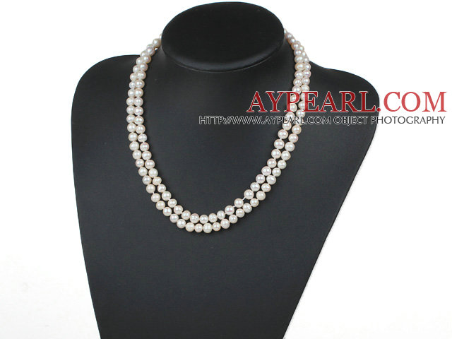 Doble Rader 6-7mm Natural White Round Freshwater Pearl Beaded Knyttet halskjede