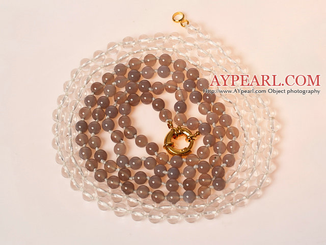 Long Style Round σαφείς Crystal και Gray Agate Beaded κολιέ 